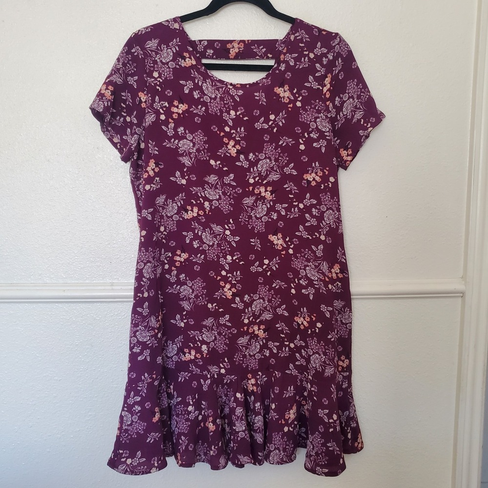 Blue Rain Women's Purple Floral Short Sleeve Ruffle Hem Cut Out Back Dress M